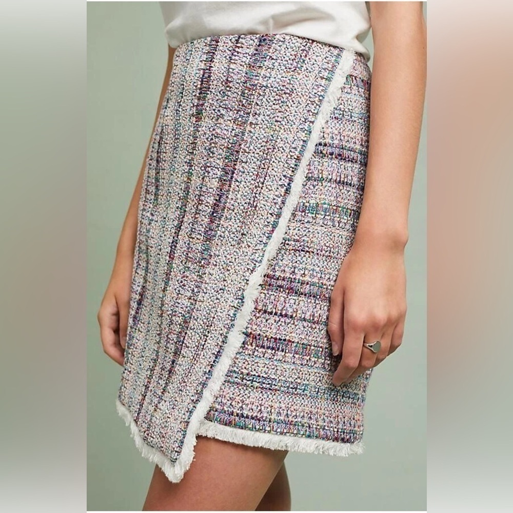 Anthropologie Hutch Pink Multicolor White Tweed Fringed Skirt, Size 2